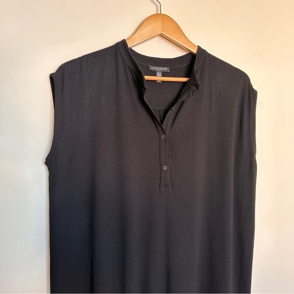 Eileen Fisher Fine Jersey Mandarin Collar Dress in Black PL - Picture 3 of 7